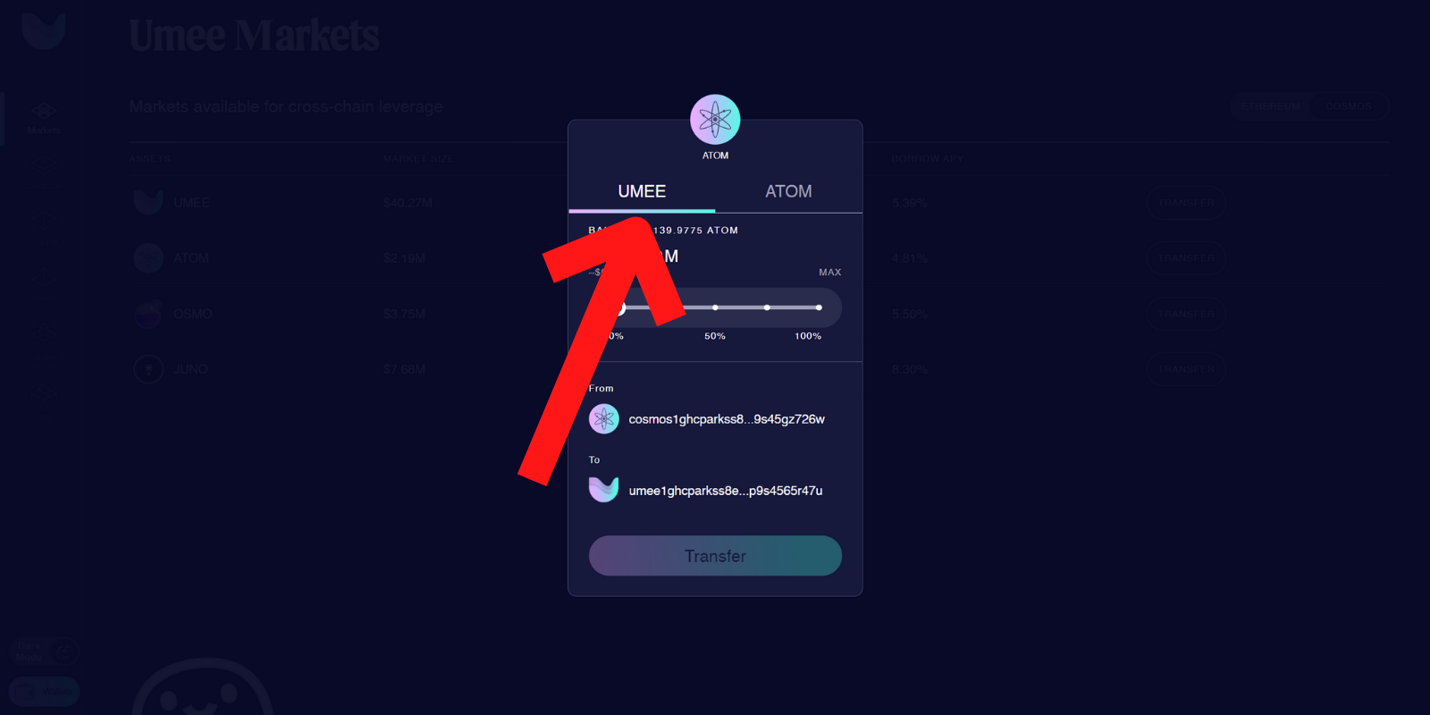 We will be selecting "UMEE" since we are transferring ATOM onto the Umee blockchain.